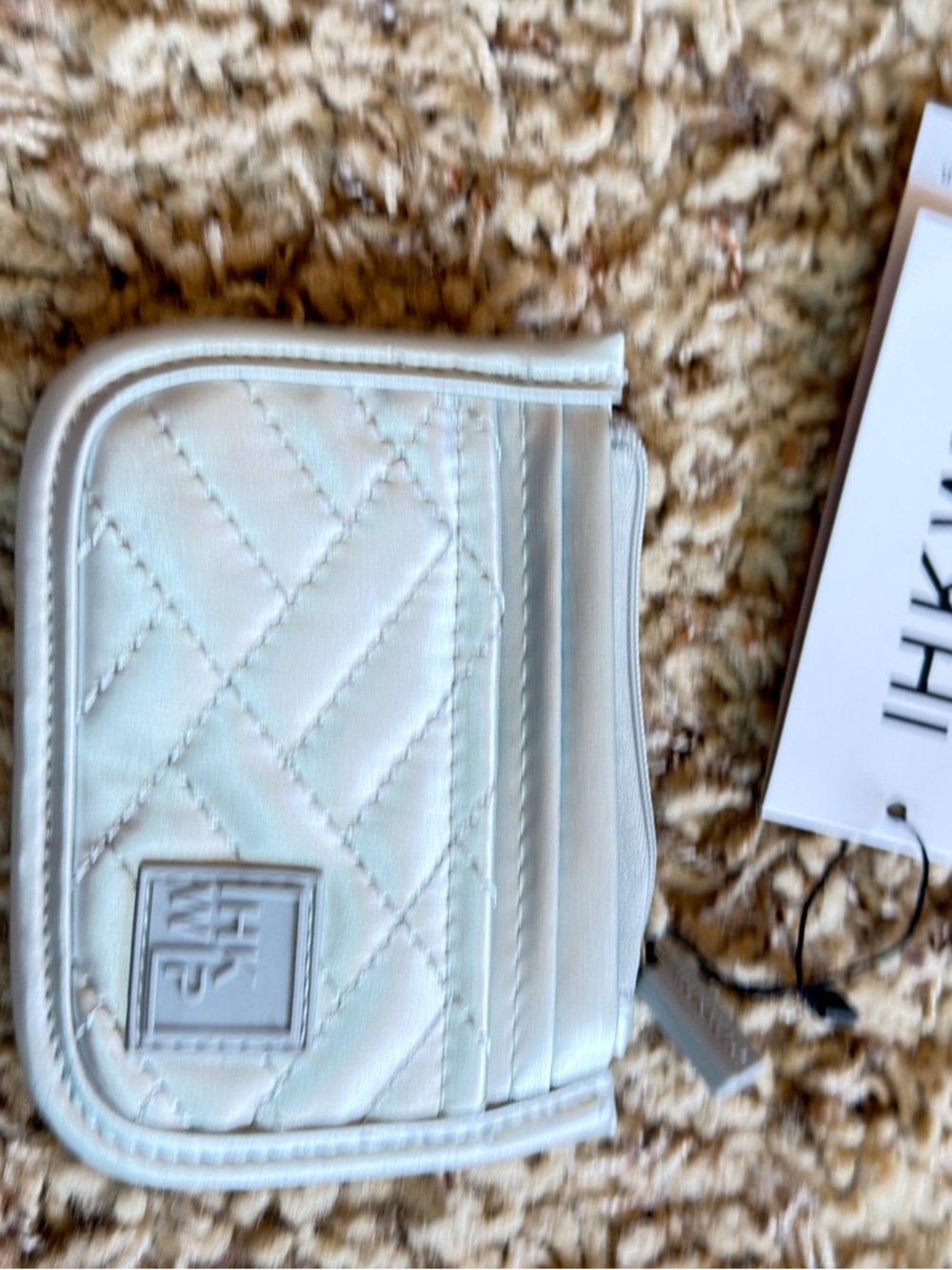 White Quilted Zip Pouch with Logo Patch